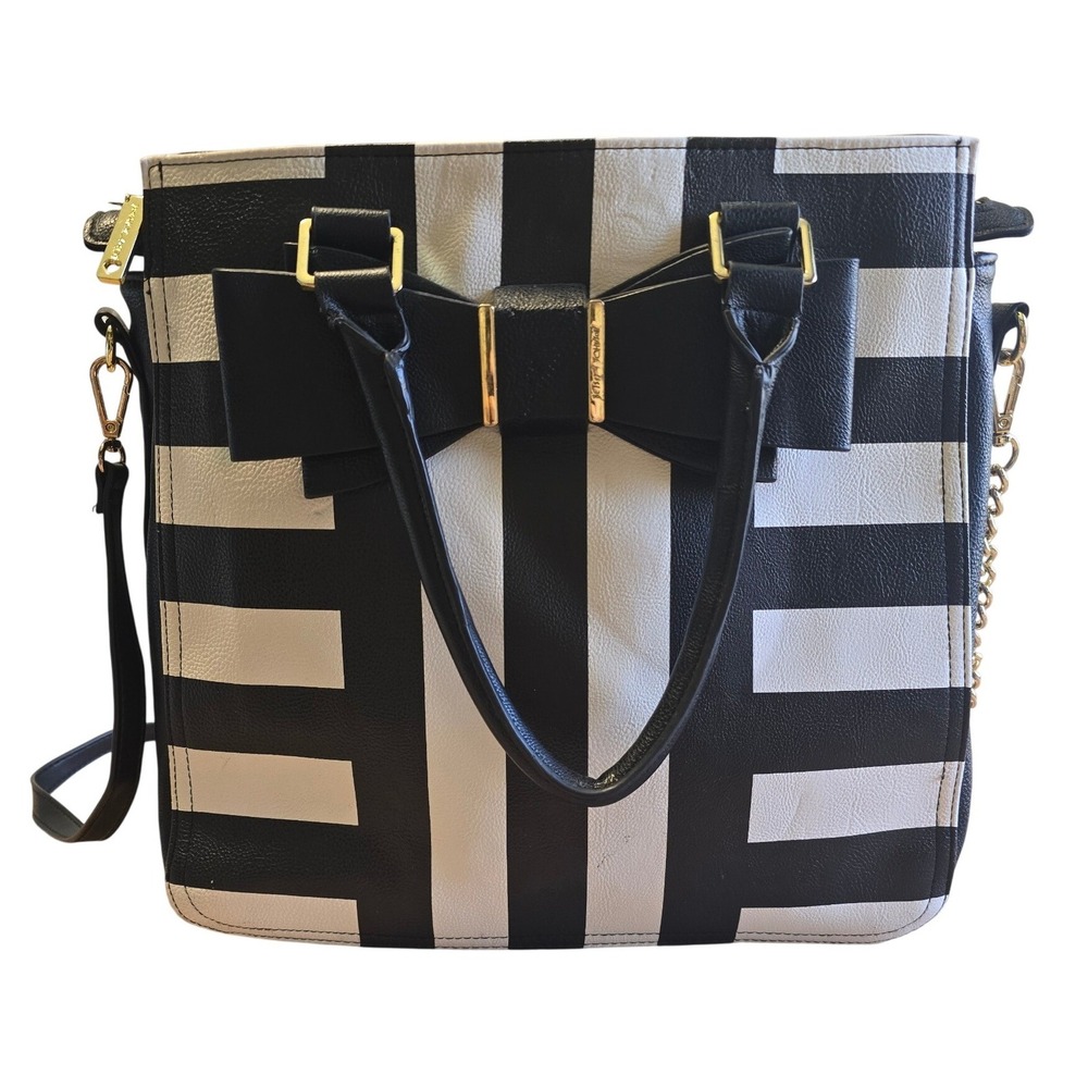 Betsey Johnson Black White Striped Bow Tote Bag Crossbody Floral Lining